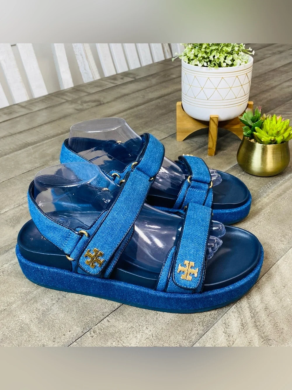 Tory Burch Kira Sport Sandal Denim Blue Platform Logo Strappy Women's Size 10.5